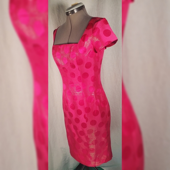 Pink Polka Dot Metalic Gold Silk Vtg Dress XS - Picture 2 of 11